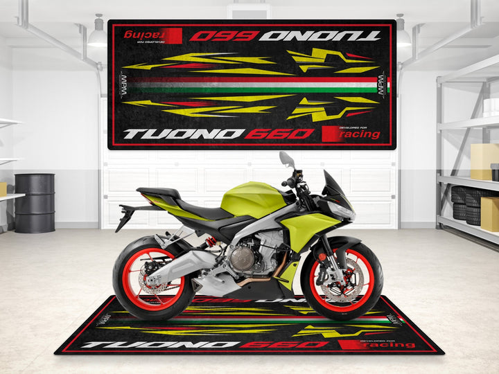 Tuono 660 Acid Gold için üretilmiş motosiklet halısı. Motosiklet paspası ve garaj halısı olarak tasarlanmıştır.