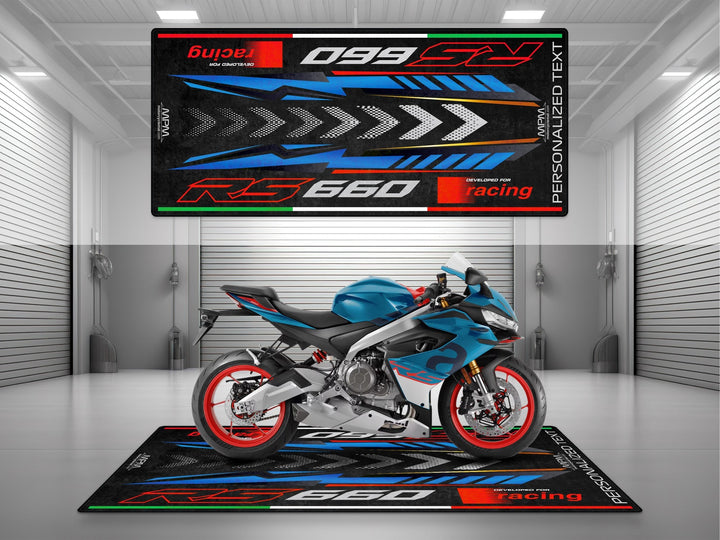 RS 660 Blue Marlin'a özel kişiselleştirilmiş paspas. Motorcu hediye, sürüş ekipmanları ve aksesuarlar için ideal mat çözümüdür.