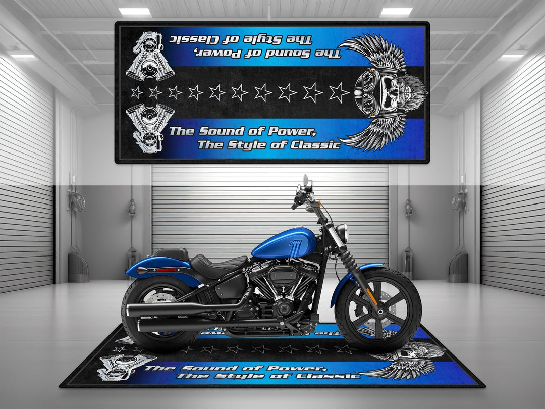 Harley Davidson Street Bob Halısı Blue Burst – mavi parıltı için üretilmiş motosiklet halısı
