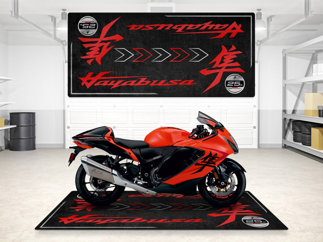 Suzuki Hayabusa 25th Anniversary HALISI – motosiklet garaj paspası ve pit matı
