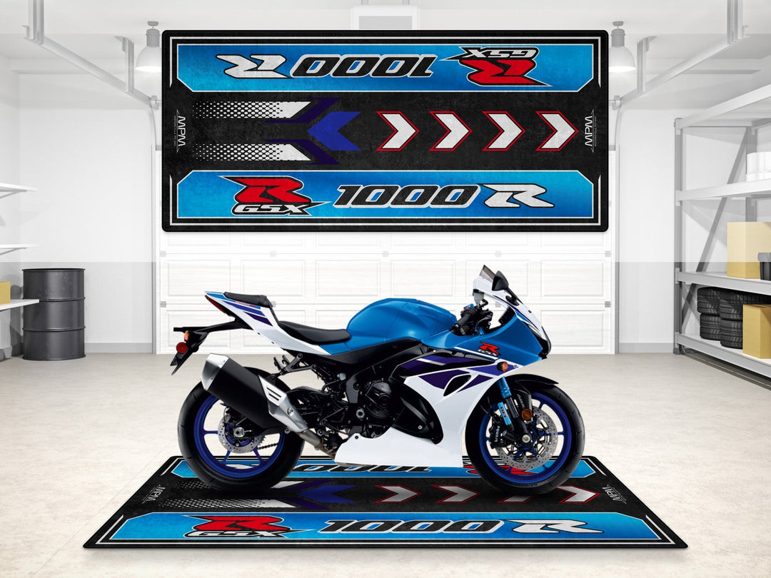 Kişiye özel Suzuki GSX-R1000R matı, motorcu garaj halısı ve showroom paspası
