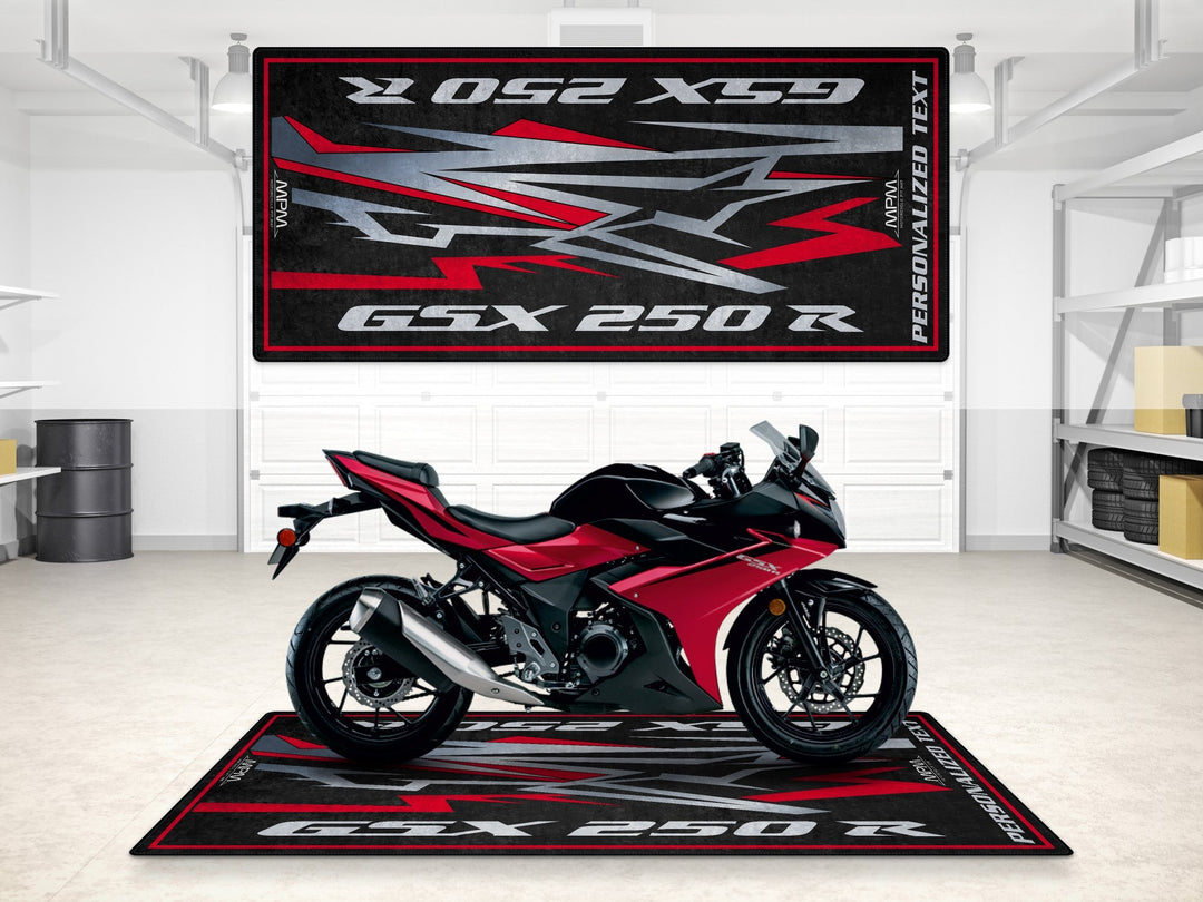 Kişiselleştirilmiş Suzuki GSX-250R pit matı, showroom halısı ve yarış hazırlığı için
