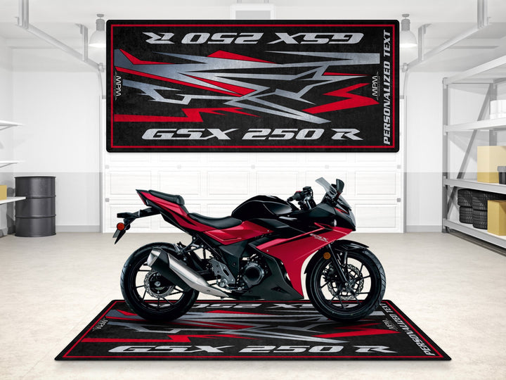 Kişiselleştirilmiş Suzuki GSX-250R pit matı, showroom halısı ve yarış hazırlığı için
