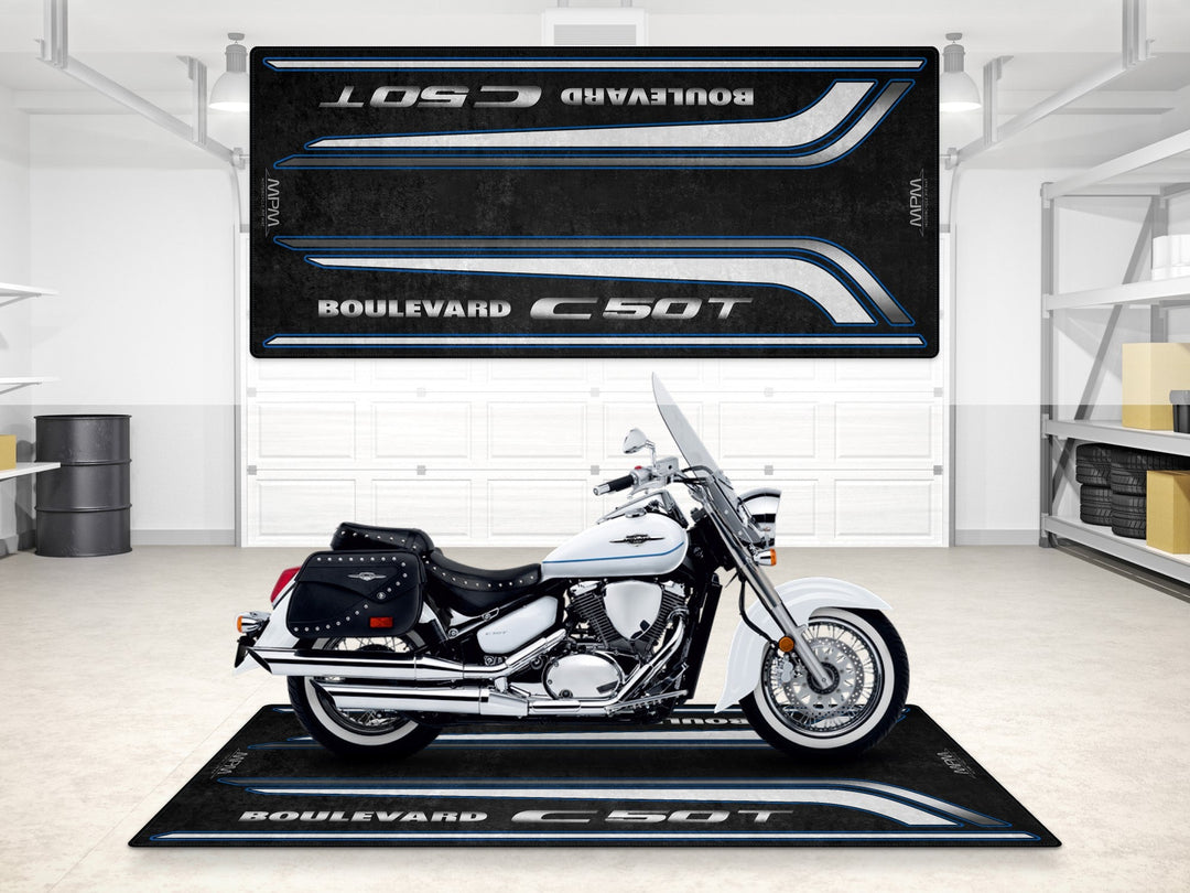 Suzuki Boulevard C50T Halısı – motosiklet paspası olarak garaj ve park alanı için üretildi
