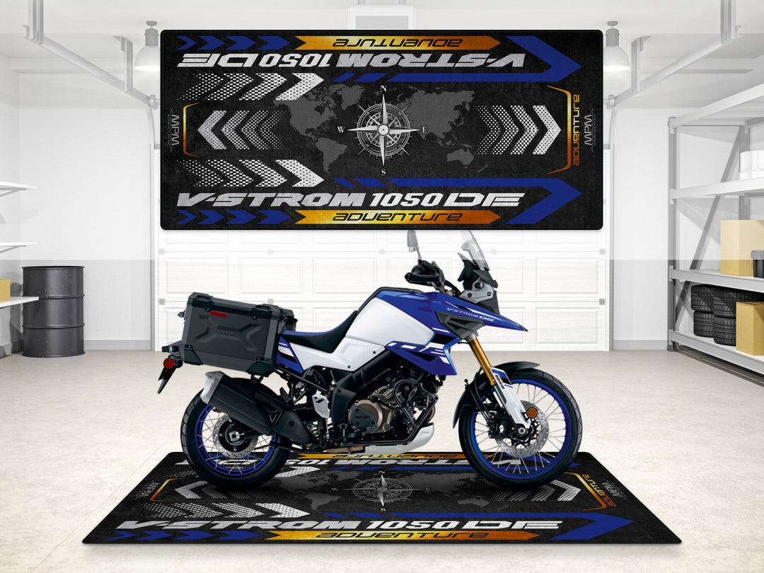 Suzuki V-Strom 1050 DE Adventure Halısı – motosiklet paspası olarak garaj ve park alanı için üretildi
