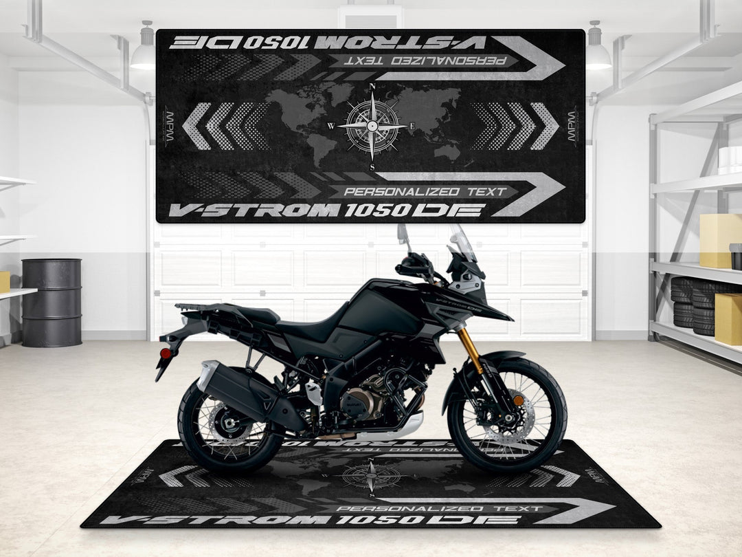 Kişiselleştirilmiş Suzuki V-Strom 1050 DE pit matı, showroom halısı ve yarış hazırlığı için
