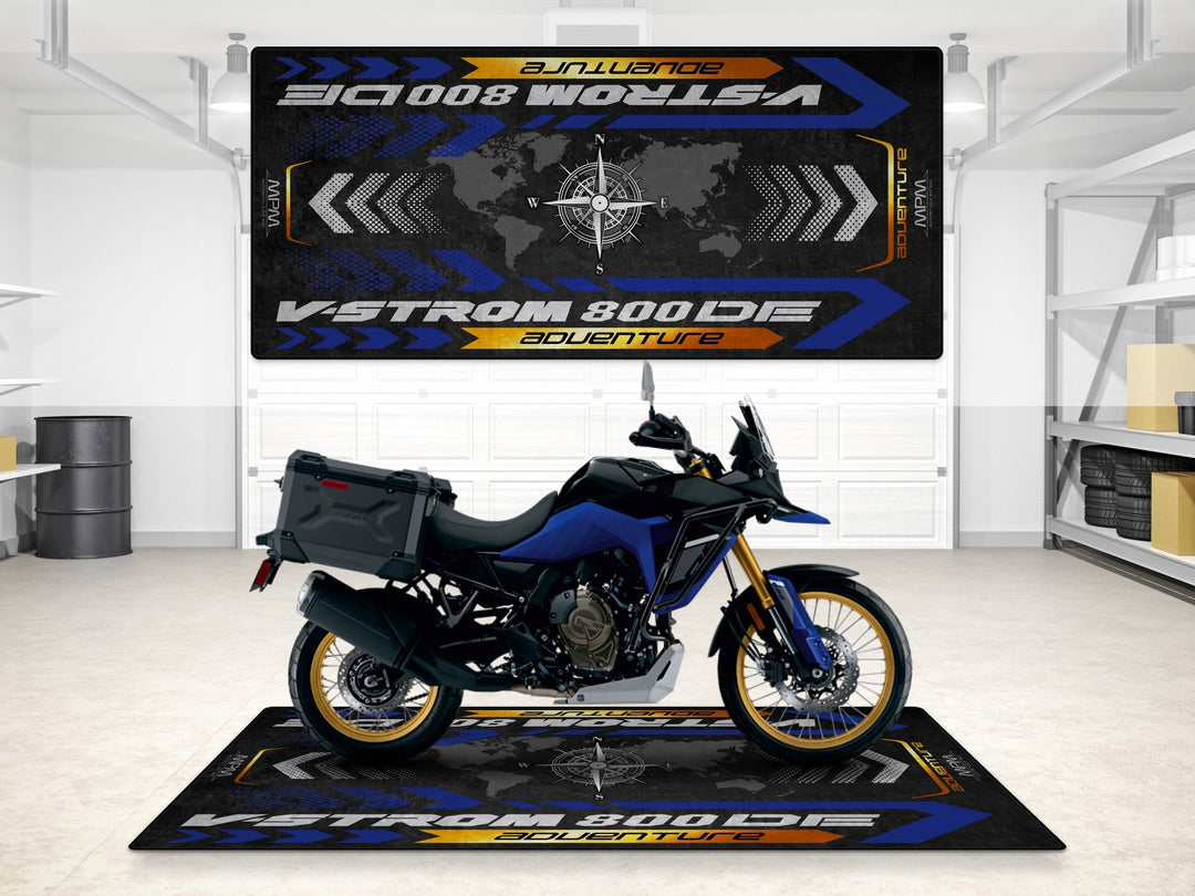 Suzuki V-Strom 800 DE Adventure Halısı – motosiklet paspası olarak garaj ve park alanı için üretildi
