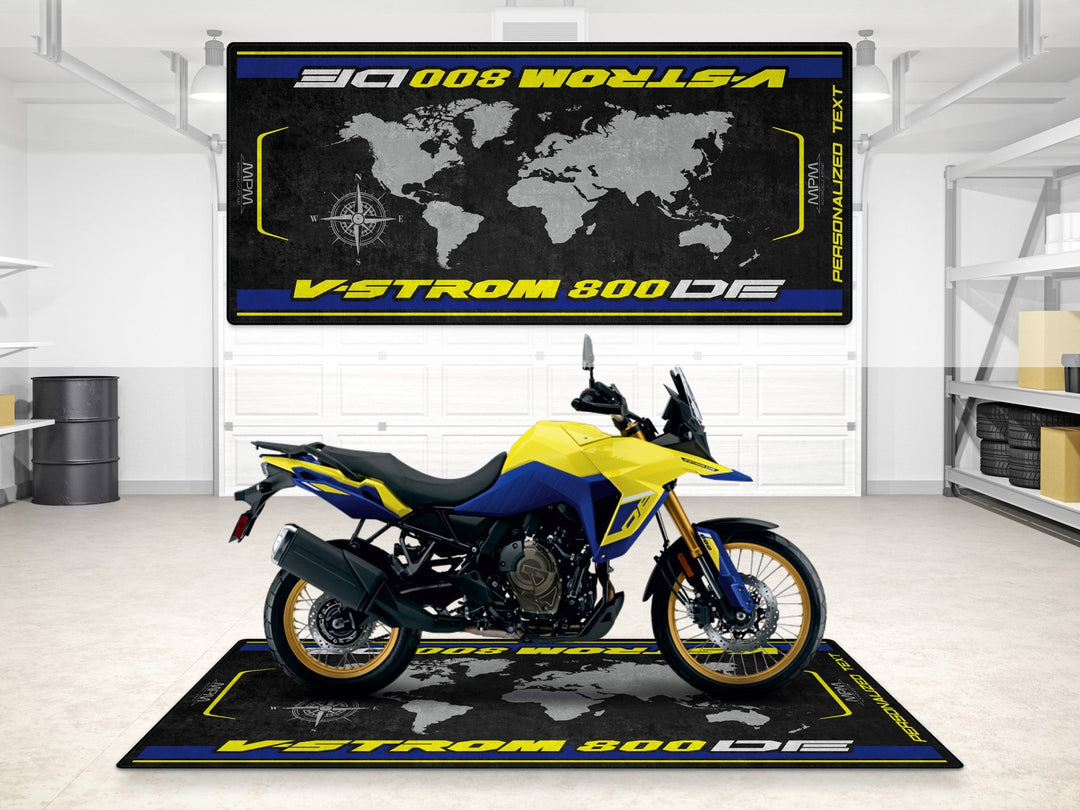 Kişiselleştirilmiş Suzuki V-Strom 800 DE pit matı, showroom halısı ve yarış hazırlığı için
