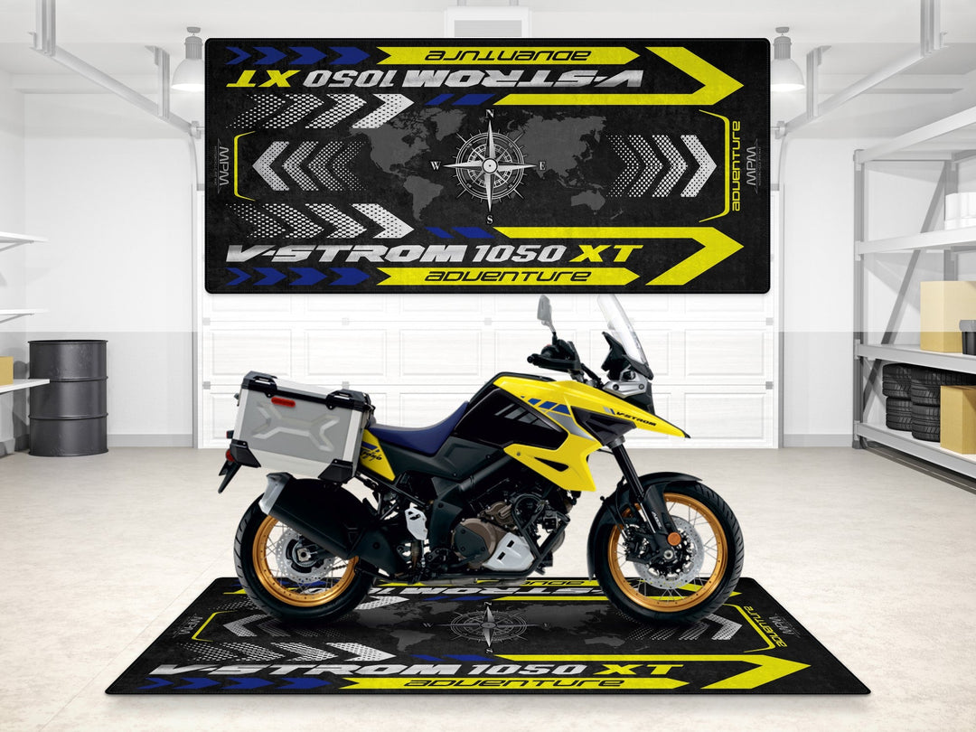 Suzuki V-Strom 1050 XT Adventure Halısı – motosiklet paspası olarak garaj ve park alanı için üretildi
