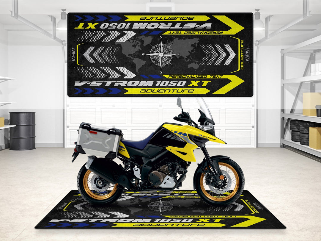 Kişiselleştirilmiş Suzuki V-Strom 1050 XT Adventure pit matı, showroom halısı ve yarış hazırlığı için
