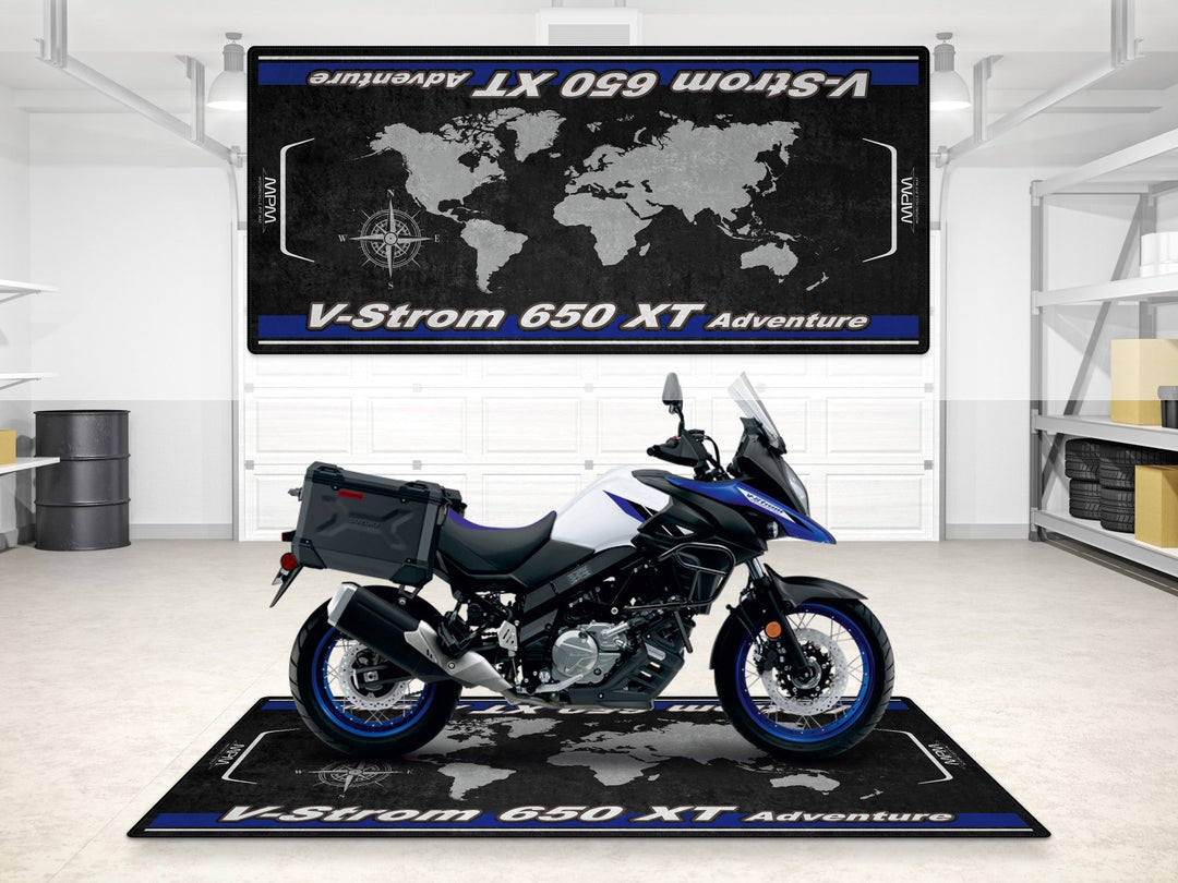 Suzuki V-Strom 650 XT Adventure Halısı – motosiklet paspası olarak garaj ve park alanı için üretildi

