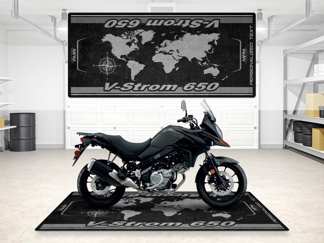 Kişiselleştirilmiş Suzuki V-Strom 650 pit matı, showroom halısı ve yarış hazırlığı için
