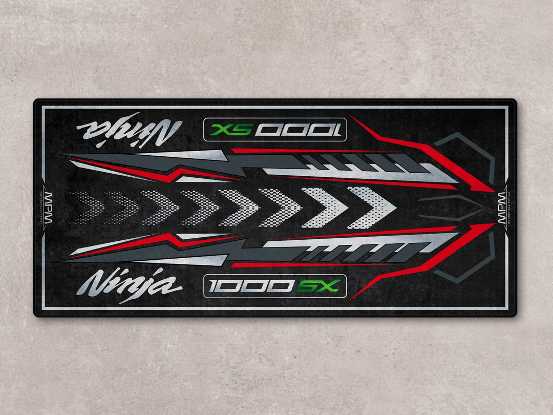 Ninja 1000SX için özel pit mat – gri kırmızı detaylı motosiklet paspası
