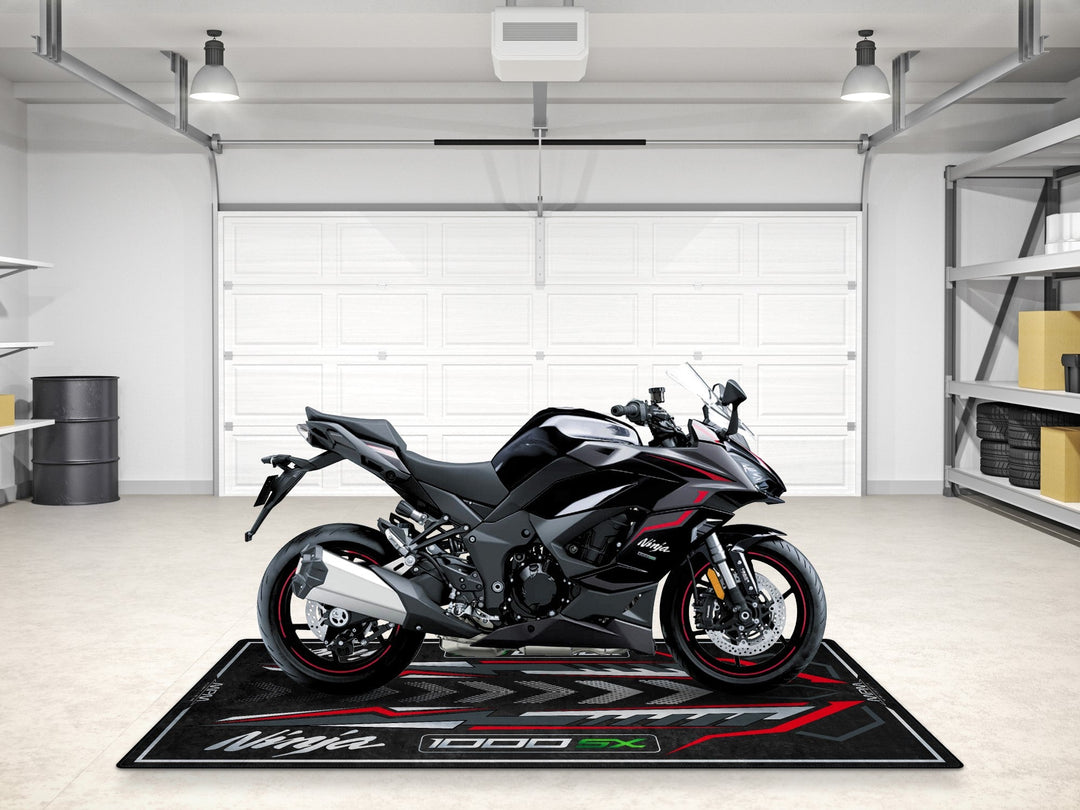 Kawasaki Ninja 1000SX gri kırmızı motosiklet paspası – kaymaz, sıvı geçirmez pit mat
