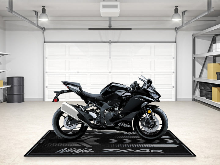Kawasaki Ninja ZX-4R siyah motosiklet paspası – pist, garaj ve showroom için ideal
