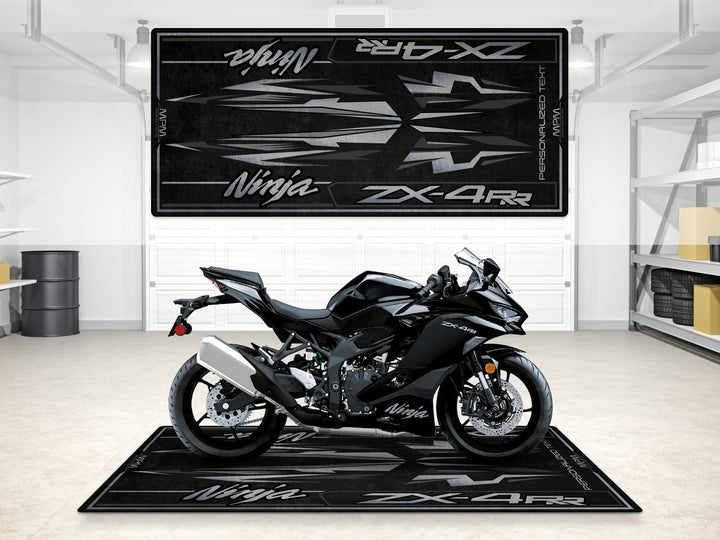 Kawasaki ZX-4RR siyah modeline özel motosiklet garaj ve showroom pit matı
