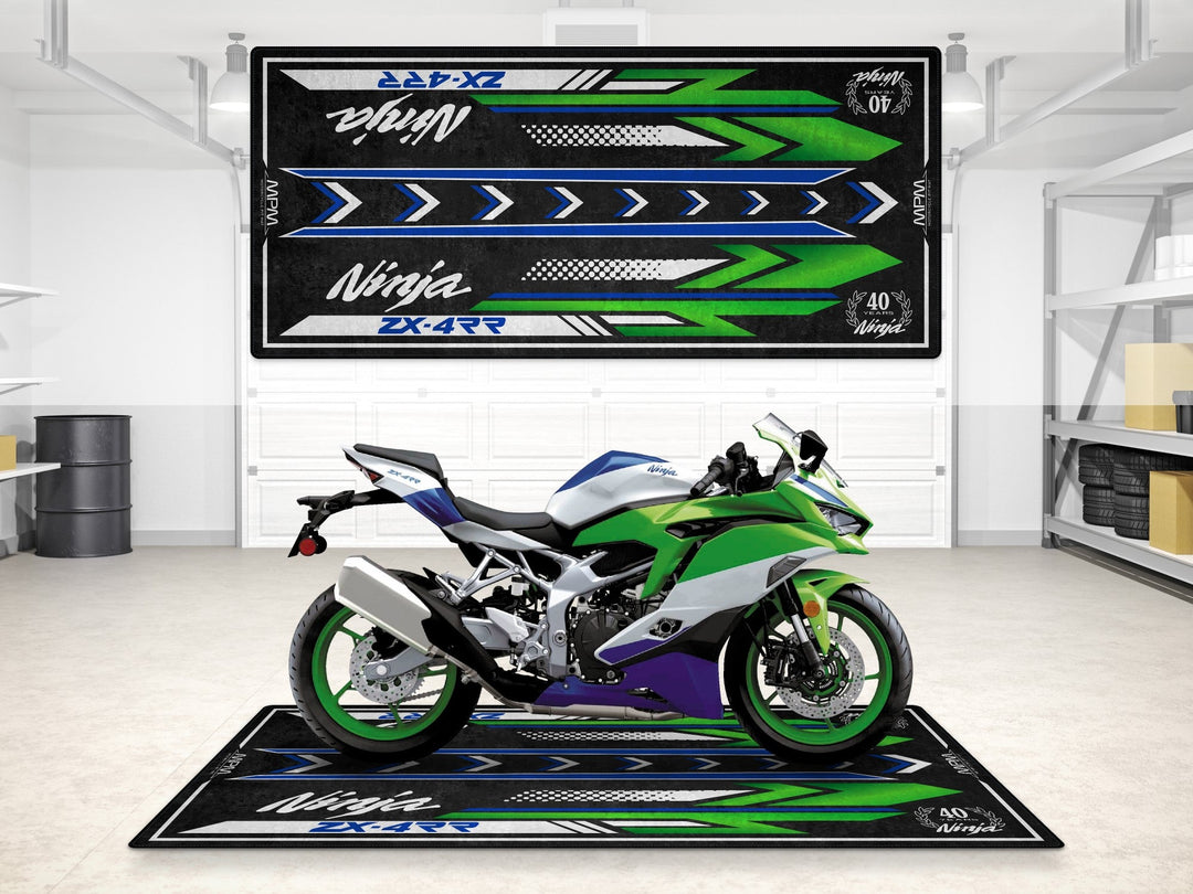 Kawasaki Ninja ZX-4RR 40th Anniversary özel motosiklet pit mat – yeşil beyaz mavi tasarım

