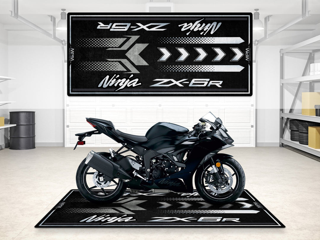Ninja ZX-6R için dayanıklı pit mat – siyah ve gri detaylı özel tasarım motosiklet paspası
