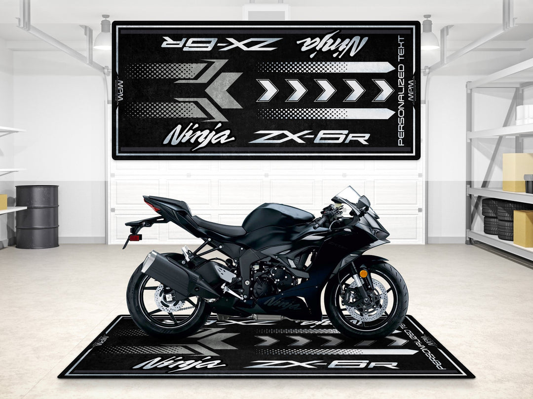 Kawasaki ZX-6R Ebony modeline uygun motosiklet garaj halısı – şık siyah gri zemin koruyucu

