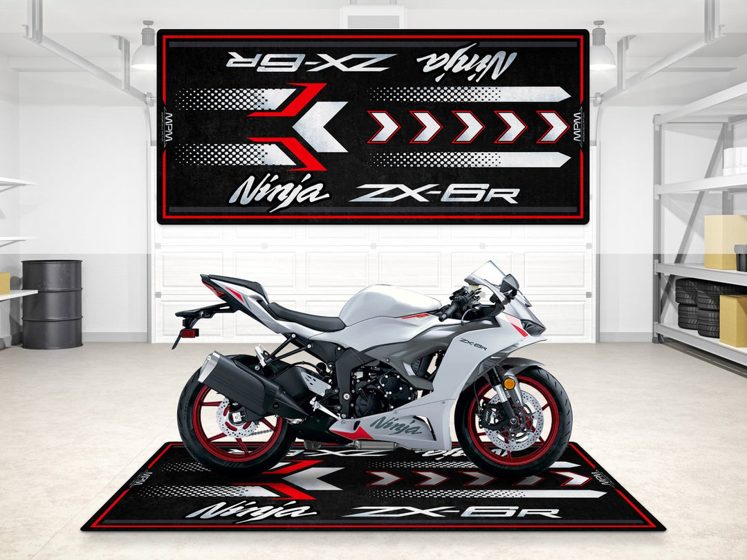 Kawasaki Ninja ZX-6R Pearl Robotic White motosiklet pit mat – beyaz gri kırmızı detaylı garaj paspası
