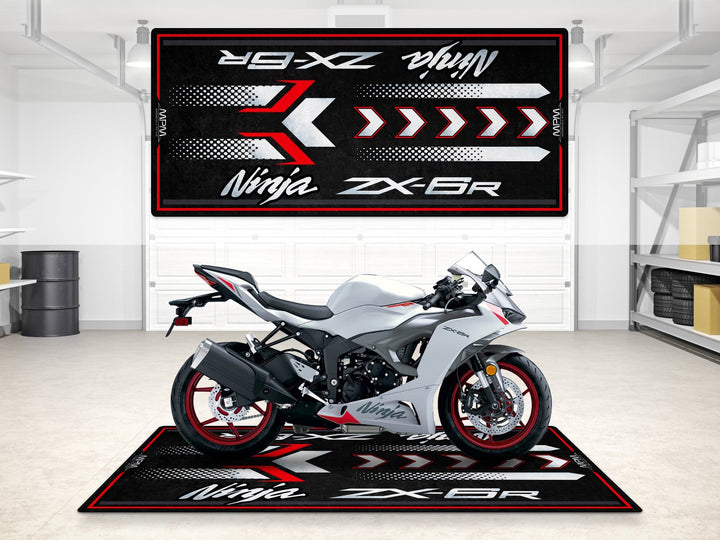 Kawasaki Ninja ZX-6R Pearl Robotic White motosiklet pit mat – beyaz gri kırmızı detaylı garaj paspası
