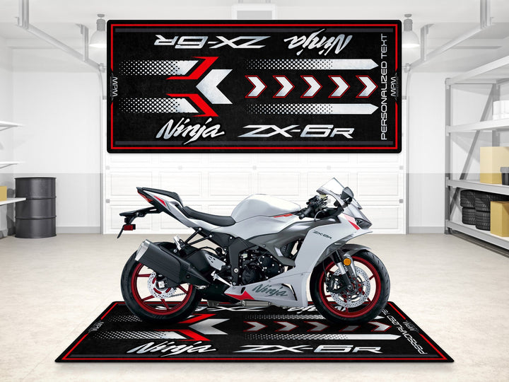 Kawasaki ZX-6R motosiklet paspası – beyaz gri kırmızı şık tasarımlı dayanıklı garaj halısı
