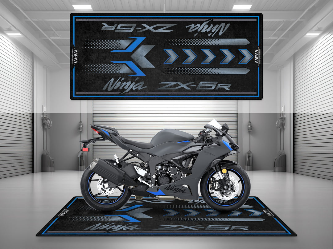 Kawasaki Ninja ZX-6R Metallic Matte Dark Gray motosiklet pit mat – gri siyah mavi detaylı
