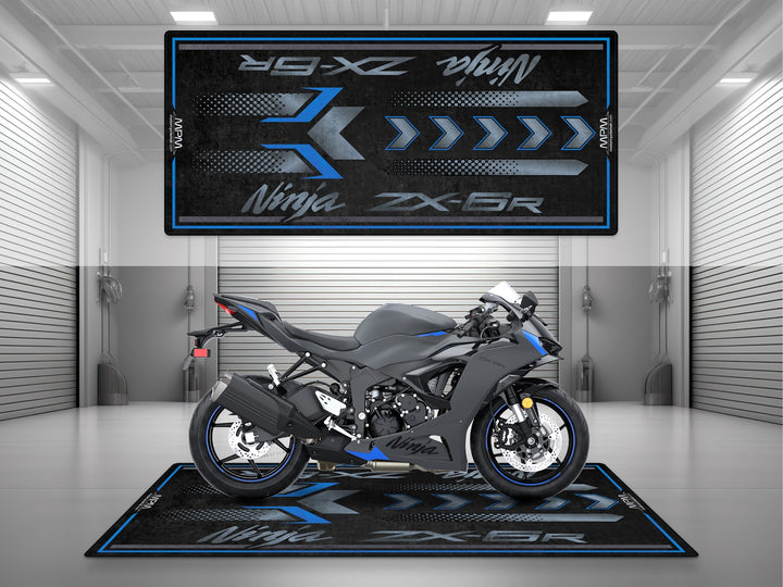 Kawasaki Ninja ZX-6R Metallic Matte Dark Gray motosiklet pit mat – gri siyah mavi detaylı
