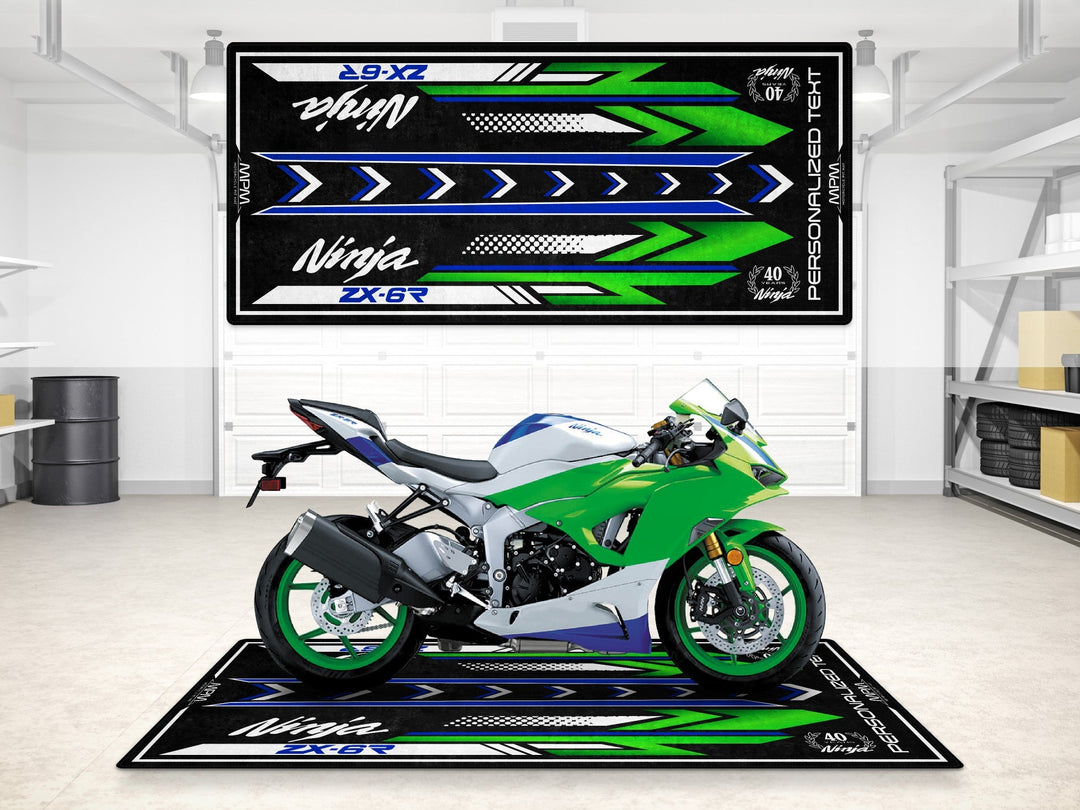 Ninja ZX-6R 40th showroom halısı, pist hazırlığı ve yarış pisti için dayanıklı motosiklet matı
