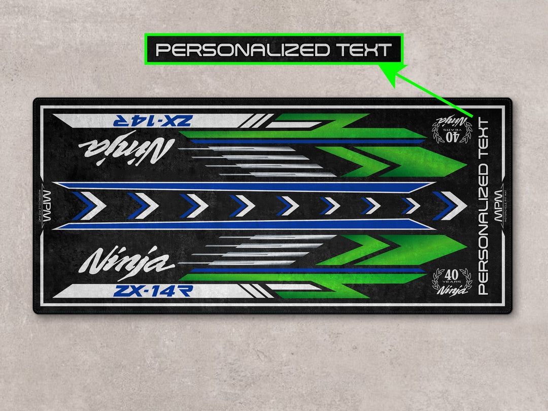 Kawasaki ZX-14R kişiselleştirilmiş pit halısı, motorcu hediye ve sürüş ekipmanları için şık paspas
