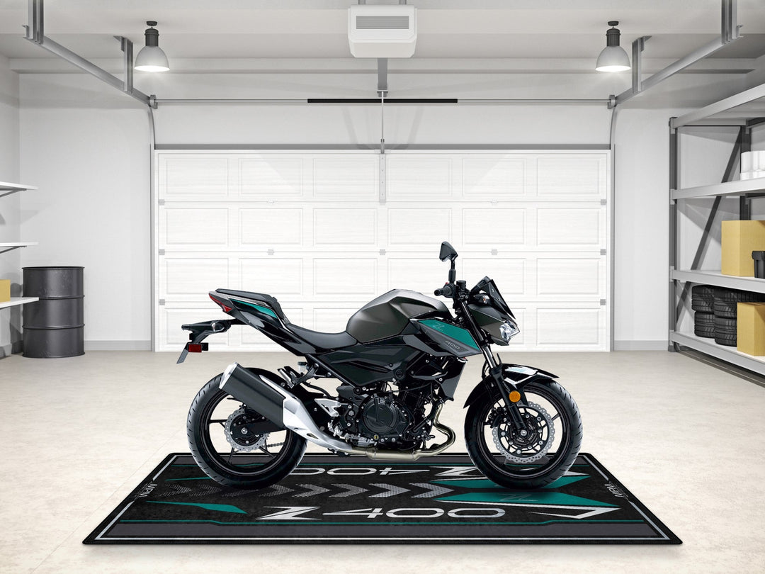 Kawasaki Z400 kişiselleştirilmiş motosiklet matı, superbike garajı ve motosiklet teşhiri için zemin koruyucu
