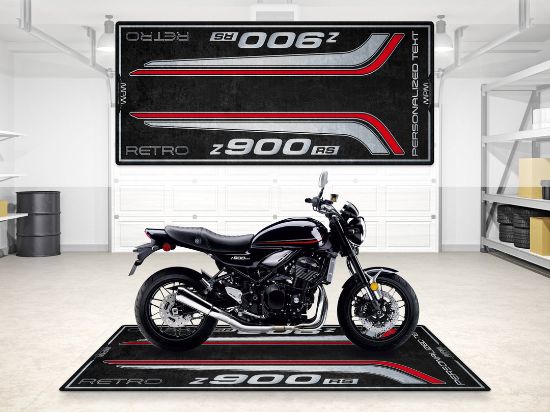 Kawasaki Z900RS showroom halısı, pist hazırlığı ve yarış pisti için dayanıklı motosiklet matı
