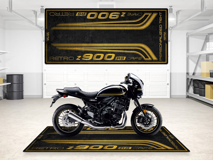 Kawasaki Z900RS Cafe showroom halısı, pist hazırlığı ve yarış pisti için dayanıklı motosiklet matı
