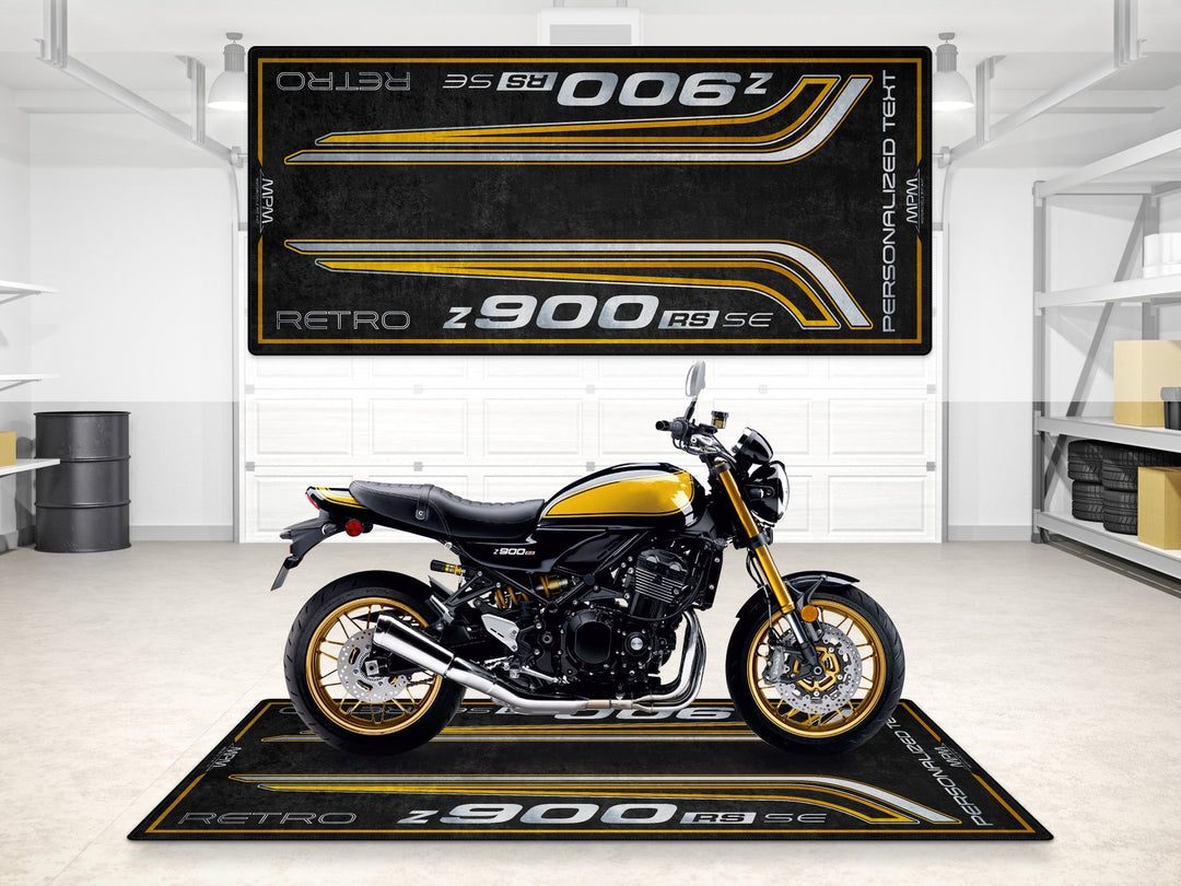 Kawasaki Z900RS SE showroom halısı, pist hazırlığı ve yarış pisti için motosiklet matı
