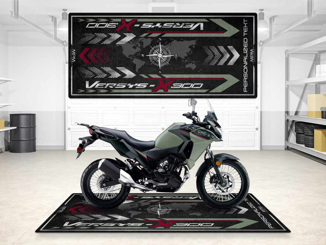 Kawasaki Versys-X 300 showroom halısı, pist hazırlığı ve yarış pisti için dayanıklı motosiklet matı
