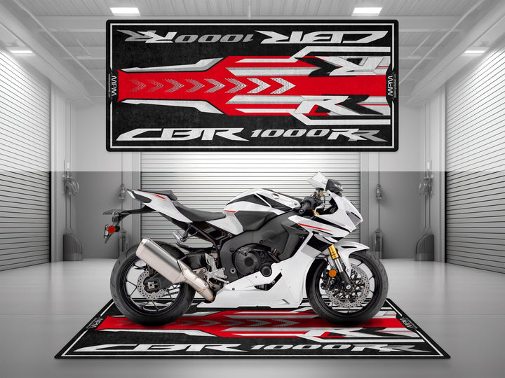Honda CBR1000RR Halısı – Pearl White beyaz motosiklet paspası, garaj matı ve showroom halısı
