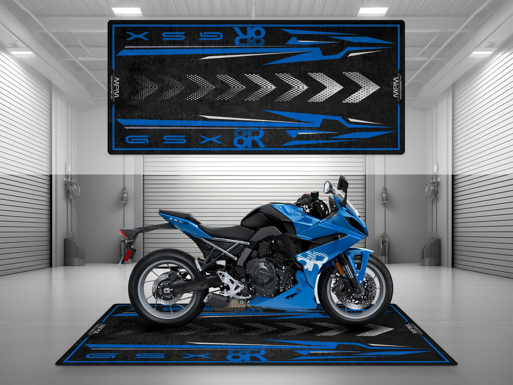 Suzuki GSX-8R Halısı – Mavi motosiklet paspası olarak garaj ve park alanı için üretildi
