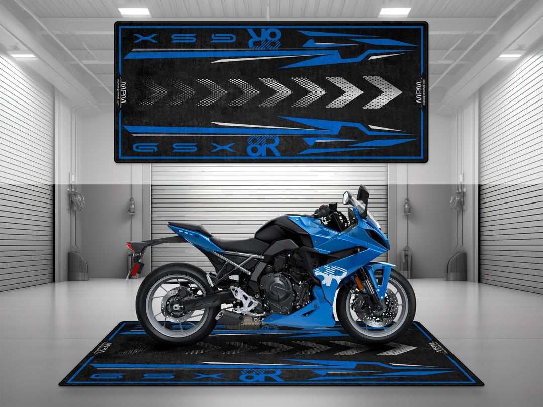 Suzuki GSX-8R Halısı – Mavi motosiklet paspası olarak garaj ve park alanı için üretildi
