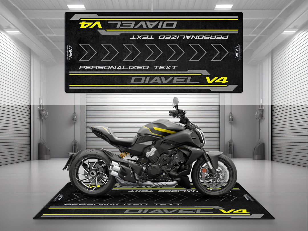 Ducati Diavel V4 – siyah & sarı detaylı model için kişiye özel pit matı  
Motorcu hediyesi, superbike garajı ve zemin koruma için ideal seçim.
