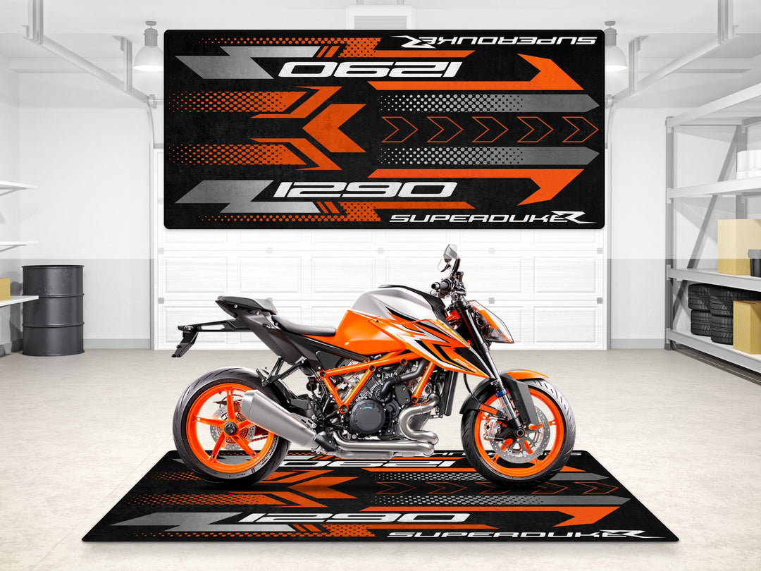 KTM Super Duke 1290 R halısı – özel tasarım motosiklet pit mat, garaj paspası ve dayanıklı zemin koruma halısı
