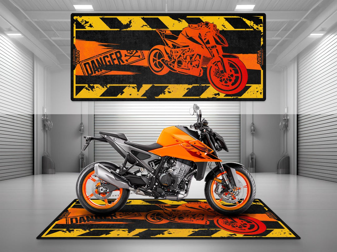 KTM Super Duke 890 halısı – özel tasarım motosiklet garaj paspası, dayanıklı pit mat ve şık zemin koruma
