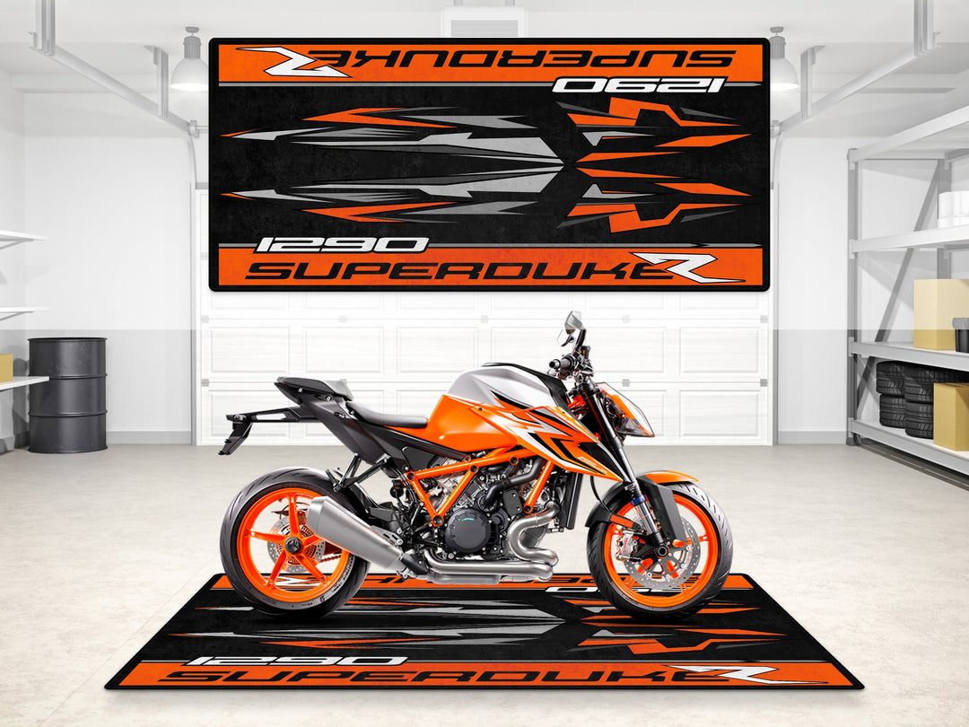 KTM Super Duke 1290 R halısı – özel tasarım motosiklet pit mat, garaj paspası ve dayanıklı zemin koruma halısı
