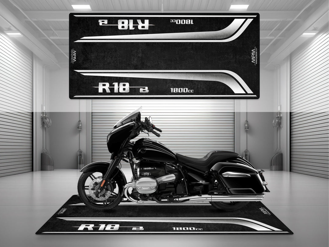 BMW R18 B için üretilmiş motosiklet halısı. Blackstorm Metallic yani parlak siyah rengiyle garajın yıldızı.
