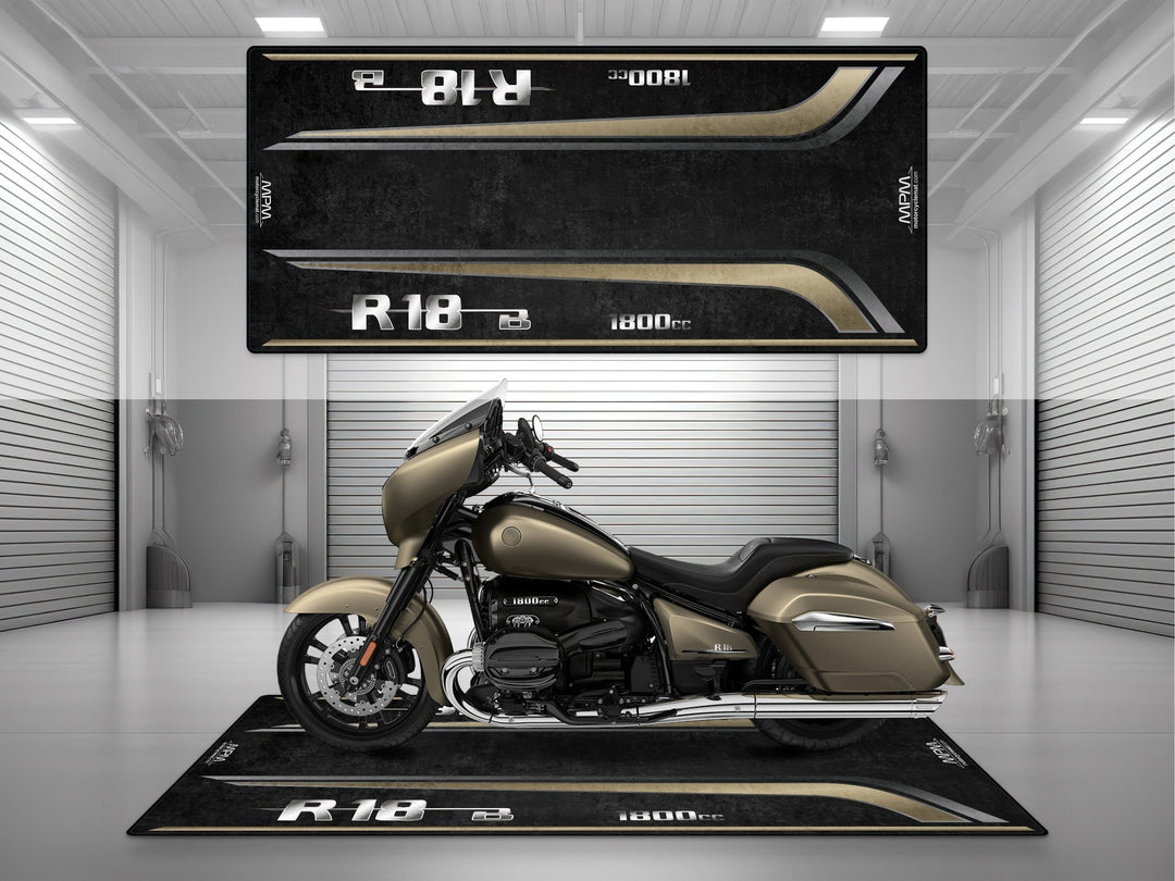 BMW R18 B için üretilmiş motosiklet halısı. Manhattan Metallic Matte yani bronz-bej rengiyle zarif bir garaj aksesuarı.
