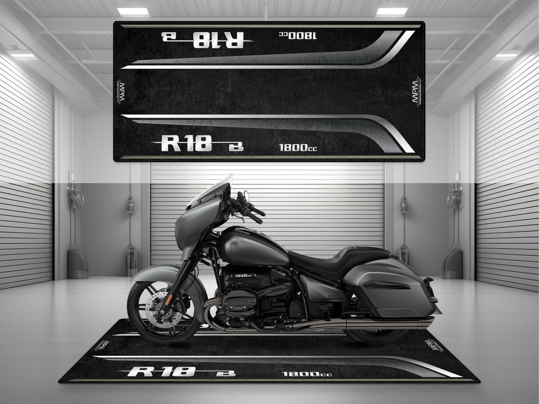 BMW R18B için üretilmiş motosiklet halısı. Mineral gri mat rengiyle garajda fark yaratan şık koruyucu.
