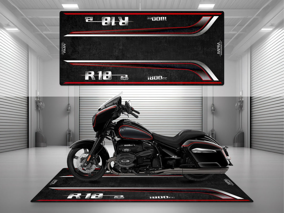 BMW R18B için üretilmiş motosiklet halısı. Option 719 Black Pearl yani inci siyahı tasarımıyla garajlara prestij katar.
