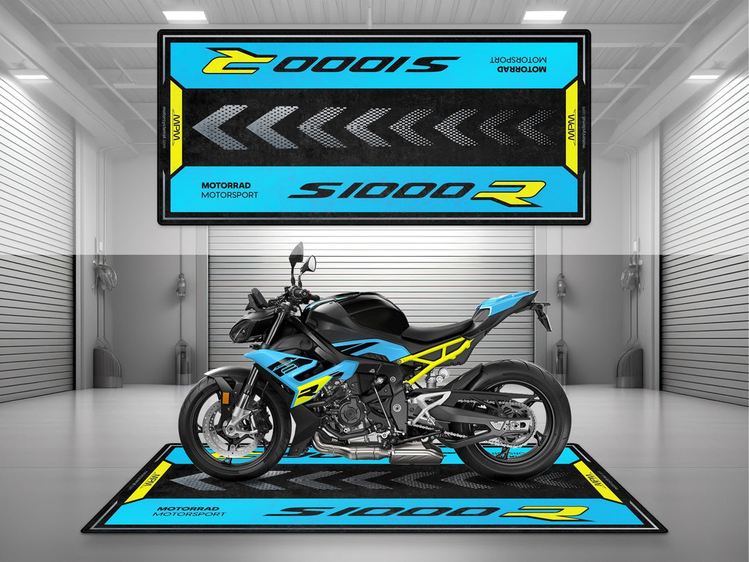 BMW S1000R Sport için üretilmiş motosiklet halısı. Renkli tasarımıyla garaj halısı olarak dikkat çeker.
