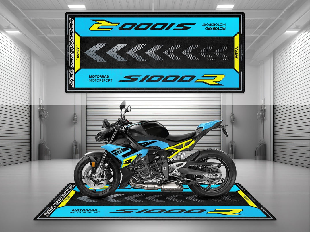 BMW S1000R Sport Mavi rengine özel kişiye özel pit matı. Motosiklet alanı ve showroom teşhiri için ideal tasarım.
