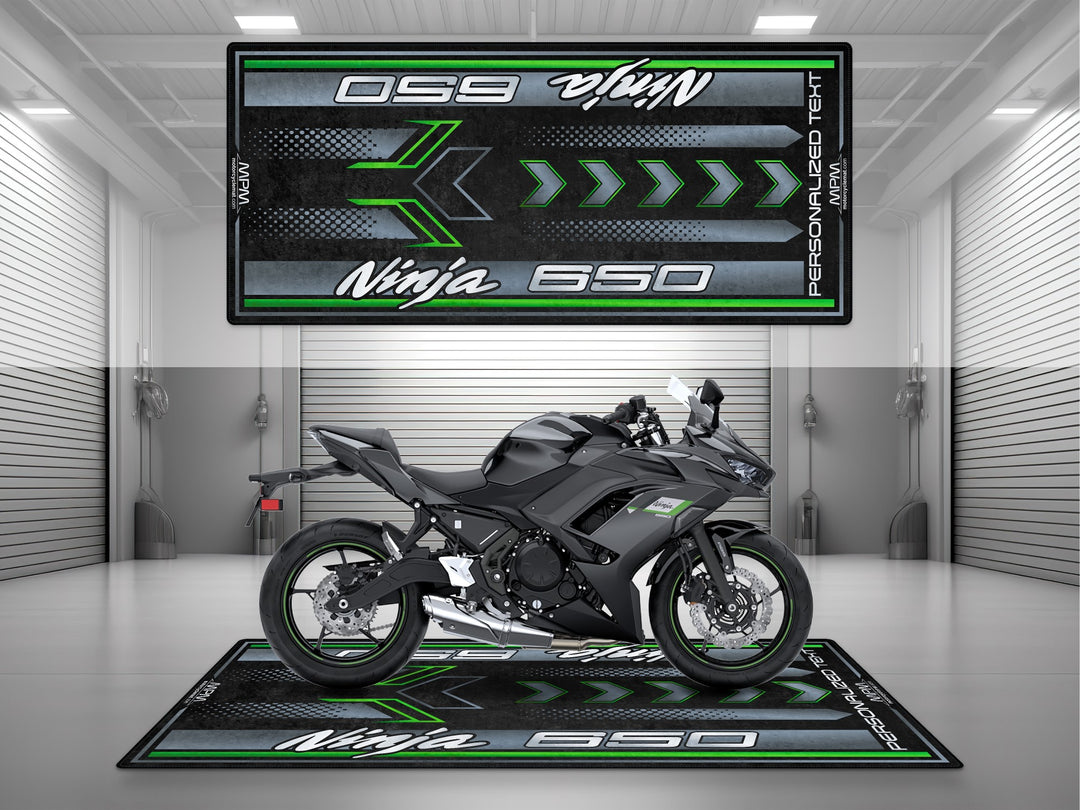 Siyah Kawasaki Ninja 650 showroom paspası – sıvı geçirmez motosiklet halısı
