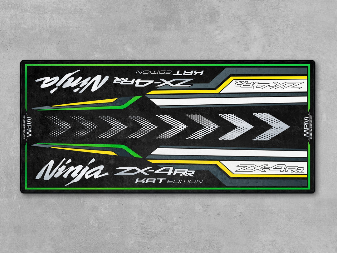 Ninja ZX-4RR KRT Edition için özel tasarım garaj matı – yeşil beyaz motosiklet halısı

